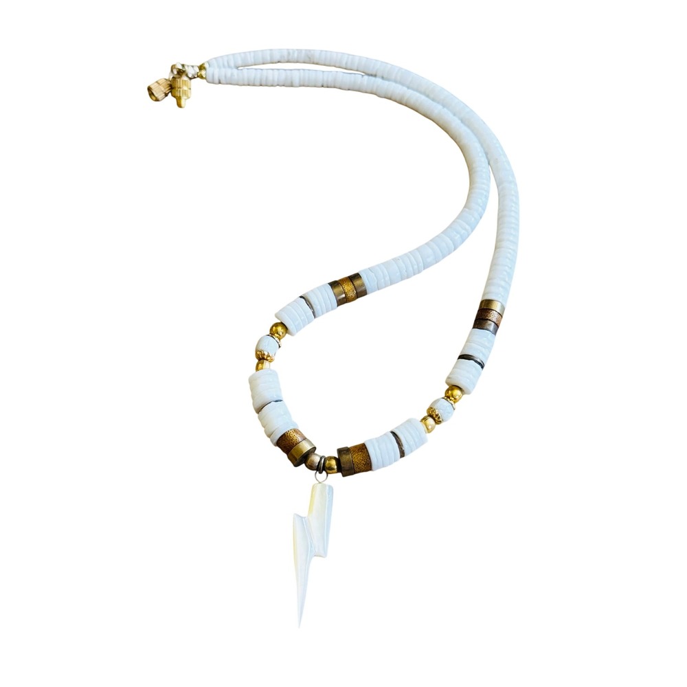 Vtg Heishi Shell Thunderbolt Beaded Necklace Native American Real Beads Brass‎